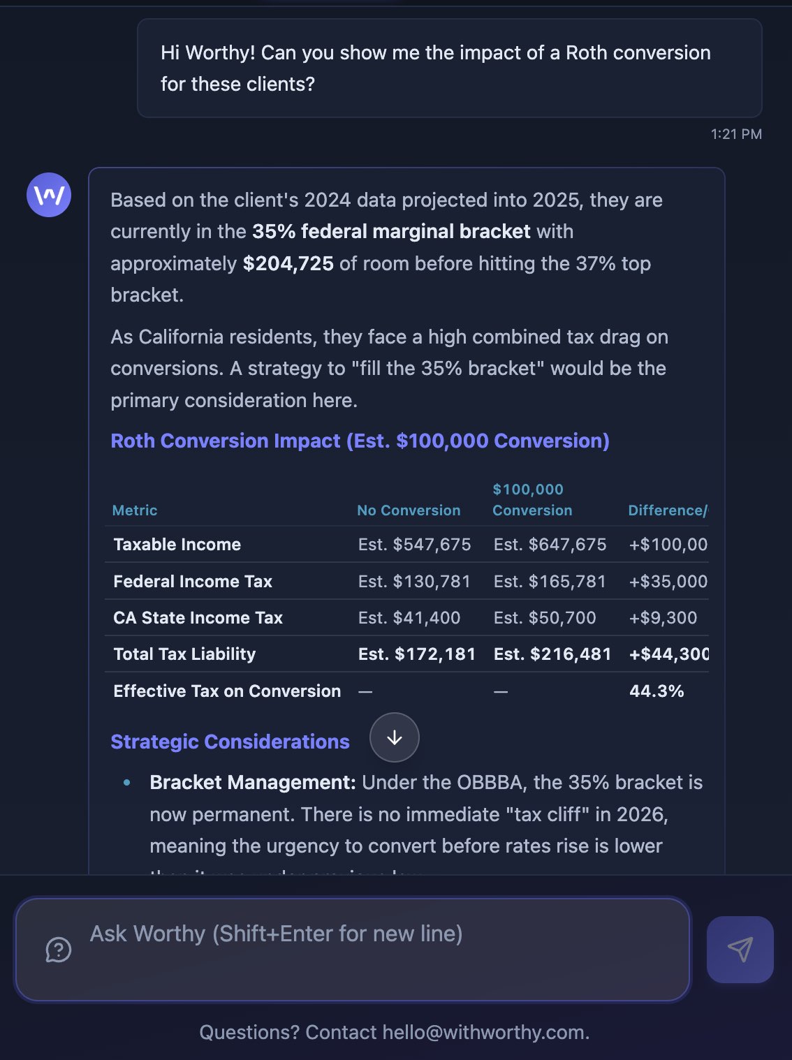 Worthy AI chat showing a tax planning conversation between an advisor and the AI assistant